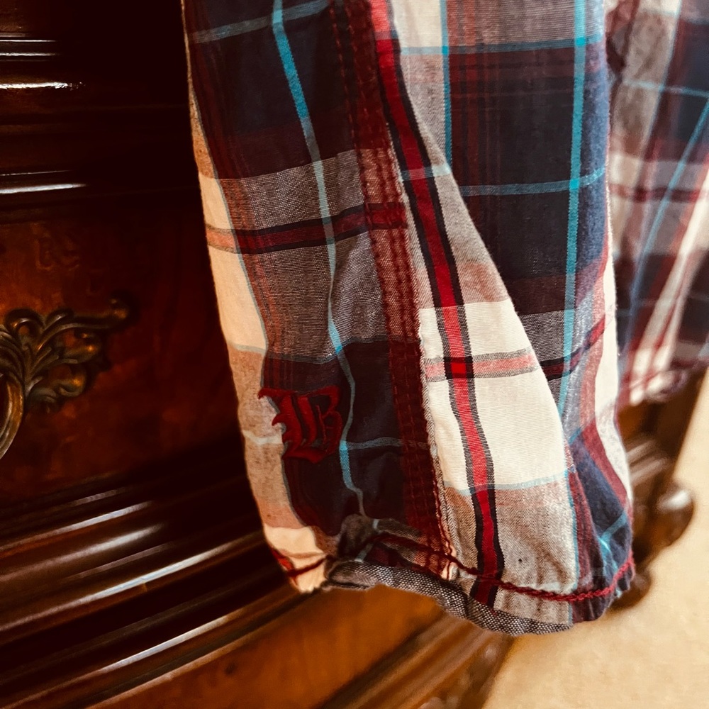 Mens plaid blue/red button down shirt